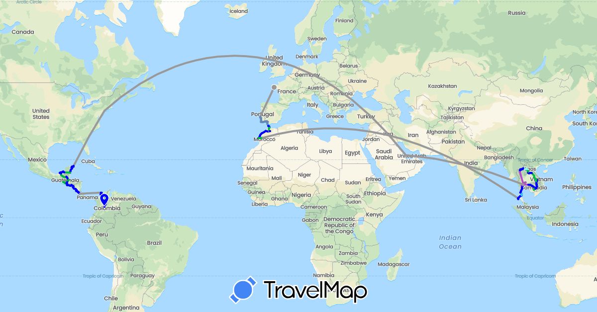 TravelMap itinerary: driving, bus, plane, cycling, train, boat, vélo route, taxi " royal", slow boat in Colombia, Costa Rica, Spain, France, Guatemala, Honduras, Cambodia, Laos, Morocco, Mexico, Nicaragua, Portugal, Qatar, El Salvador, Thailand, United States (Africa, Asia, Europe, North America, South America)